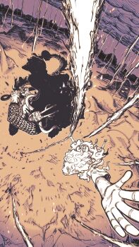 2boys alternate_form attack cloud commentary_request eye_contact facial_hair facial_mark from_above greyscale hagoromo highres holding holding_weapon horns kaidou_(one_piece) long_hair long_mustache looking_at_another male_focus monkey_d._luffy monochrome multiple_boys mustache one_piece sandals shawl smile tagawa_jiro weapon