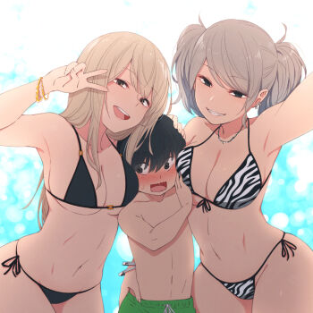 1boy 2girls :d age_difference animal_print arm_up armpits bikini black_bikini blush breasts brown_eyes commentary_request cowboy_shot earrings embarrassed front-tie_bikini_top front-tie_top girl_sandwich grey_hair grin head_tilt hetero jewelry kemuri_haku large_breasts light_brown_hair long_hair looking_at_viewer multiple_girls navel o-ring o-ring_bikini o-ring_top onee-shota open_mouth original outdoors print_bikini reaching reaching_towards_viewer sandwiched selfie shota side-tie_bikini_bottom size_difference smile spoken_blush sweatdrop swimsuit thighs twintails v wavy_mouth zebra_print