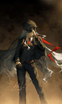 1girl 86_-eightysix- arkilide black_pants black_suit closed_mouth collared_shirt commentary covered_eyes english_commentary epaulettes formal_clothes grey_hair hand_in_pocket hat hat_tug highres jacket jacket_on_shoulders long_hair military_hat multicolored_hair necktie pants peaked_cap red_hair red_necktie shirt signature smile solo streaked_hair suit very_long_hair vladilena_millize white_shirt
