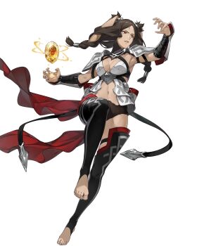 1girl animal_ears attack barefoot breasts brown_eyes brown_hair cape cleavage fire_emblem fire_emblem_awakening fire_emblem_heroes highres low_twintails medium_breasts navel nintendo non-web_source official_alternate_costume official_art panne_(fire_emblem) panne_(resplendent)_(fire_emblem) rabbit_ears rabbit_girl red_cape shoulder_pads solo thighhighs twintails