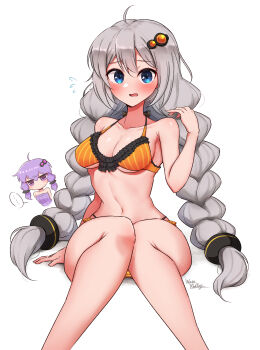 Rule 34 | ..., 2girls, absurdres, ahoge, bare shoulders, bikini, blue eyes, braid, breasts, bulsh, cleavage, collarbone, commentary request, eyelashes, feet out of frame, flying sweatdrops, frilled bikini, frills, grey hair, hair ornament, highres, kizuna akari, long hair, multiple girls, navel, open mouth, orange bikini, purple eyes, purple hair, signature, simple background, sitting, solo focus, speech bubble, spoken ellipsis, stomach, swimsuit, twin braids, twintails, very long hair, voiceroid, wakaba (wata ridley), white background, yuzuki yukari