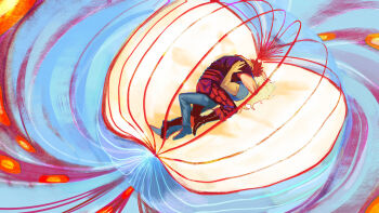 Rule 34 | 2boys, abstract, absurdres, black boots, black shirt, blonde hair, blue pants, blue shirt, boots, commentary request, denisefanta, eustass kid, highres, hug, killer (one piece), long hair, male focus, multiple boys, one piece, pants, red hair, ribbon, shirt, short hair, symbolism, yaoi