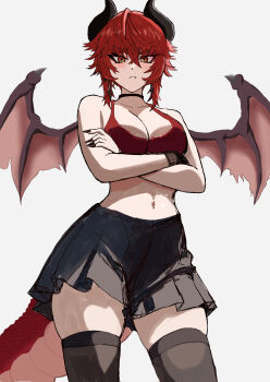 1girl absurdres arms_under_breasts black_nails black_thighhighs breasts cleavage closed_mouth commentary dragon_girl dragon_horns dragon_tail dragon_wings highres horns indie_virtual_youtuber large_breasts looking_at_viewer medium_hair meibin nail_polish navel red_eyes red_skirt skirt solo tail thighhighs virtual_youtuber wings yellow_eyes zentreya zentreya_(dragon)