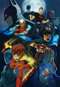3girls 6+boys alien android aqua_lad artemis_crock batman belt black_canary black_hair blonde_hair bruce_wayne cape clark_kent colored_skin dark-skinned_male dark_skin dc_comics dick_grayson domino_mask eye_mask father_and_son gloves goggles green_skin hologram image_sample justice_league kaldur'ahm kid_flash kryptonian lychi mask miss_martian moon multiple_boys multiple_girls night orange_hair pixiv_sample red_tornado resized robin_(dc) robot running s_shield superboy superhero_costume superman tattoo wally_west young_justice young_justice:_invasion