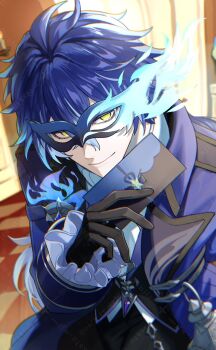 Rule 34 | 1boy, ascot, black gloves, blue coat, blue hair, coat, flins (genshin fes 2026) (genshin impact), flins (genshin impact), genshin impact, gloves, hair between eyes, highres, holding, long hair, long sleeves, looking at viewer, male focus, multicolored hair, official alternate costume, sato nji, shirt, smile, solo, white ascot, white shirt, yellow eyes