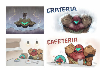 1girl assault_visor blush_visible_through_clothes cafeteria coffee coffee_mug commentary_request cup english_text gloom_(expression) green_visor heart holding holding_cup indoors lightning metroid metroid_(creature) metroid_larva mug nintendo outdoors power_suit_(metroid) puff_of_air pun rain samus's_gunship samus_aran science_fiction super_metroid varia_suit wakaba_(wata_ridley) x_parasite