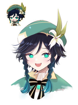 1boy absurdres androgynous aqua_eyes aqua_hair beret black_hair braid chibi collared_cape commentary derivative_work english_commentary evelgie flower genshin_impact gradient_hair green_headwear hat hat_flower highres looking_at_viewer meme multicolored_hair multiple_views open_mouth portrait reference_work short_hair_with_long_locks side_braids signature simple_background smug twin_braids twitter_username venti_(genshin_impact) white_background white_flower