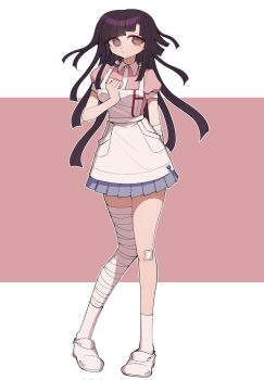1girl apron bandaged_arm bandaged_leg bandages bandaid bandaid_on_leg black_hair blush breasts collared_shirt commentary danganronpa_(series) danganronpa_2:_goodbye_despair highres large_breasts long_hair looking_at_viewer mi_shengwu_3.2_hao mole mole_under_eye pink_background pink_shirt puffy_short_sleeves puffy_sleeves shirt short_sleeves skirt smile solo standing symbol-only_commentary tsumiki_mikan white_apron white_background