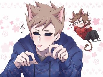 Rule 34 | 2boys, :3, animal ears, animification, annoyed, antenna hair, black pants, black shoes, blue hoodie, blush, brown hair, cat boy, cat ears, cat tail, chibi, commentary, drawstring, eddsworld, extra ears, flipped hair, grey shirt, hair behind ear, heart, heart tail, highres, hollow eyes, hood, hood down, hoodie, implied yaoi, jitome, kemonomimi mode, long sleeves, looking at another, looking at viewer, male focus, multiple boys, own hands together, pants, paw pose, paw print, red eyes, red hoodie, shirt, shoes, short hair, simple background, smile, smug, sneakers, solo focus, spiked hair, untranslatable commentary, tail, tom (eddsworld), tongue, tongue out, tord (eddsworld), upper body, white background, yokubouaka1201