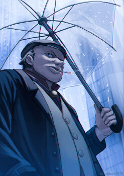 1boy absurdres black_coat building cigarette coat darker_than_black from_below hat highres holding holding_umbrella huang_(darker_than_black) makano_(user_zpua3342) male_focus open_clothes open_coat outdoors parted_lips rain serious skyscraper small_pupils smoking solo transparent transparent_umbrella twitter_username umbrella upper_body vest