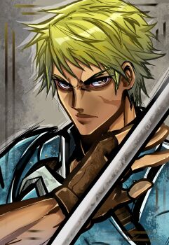 1boy armor blonde_hair blue_armor brown_eyes cormag_(fire_emblem) fingerless_gloves fire_emblem fire_emblem:_the_sacred_stones gloves highres holding holding_polearm holding_weapon male_focus nintendo polearm scar scar_on_face short_hair weapon zantetsukennn