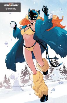 1girl :d absurdres animal_ears artist_name bikini black_eyes black_gloves black_lips blue_coat boots breasts cat_ears character_snowman cleavage coat comic_cover company_name copyright_logo copyright_name earmuffs fake_animal_ears full_body fur_boots fur_coat gloves gurihiru hellcat_(marvel) hellcat_(patsy_walker) highres holding holding_snowball logo long_hair looking_at_viewer marvel medium_breasts midriff navel official_alternate_costume official_art open_mouth orange_hair pine_tree side-tie_bikini_bottom sky smile snow snowball snowman swimsuit tree white_sky winter yellow_bikini yellow_boots