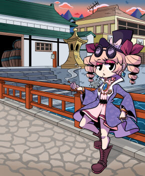 barrel belt boots bracelet bridge coat dress drill_hair earrings eyelashes eyewear_on_head gem hat high_collar highres house jewelry kevin_arthur leather leather_boots necklace orange_hair pink_dress purple_coat ring river scenery smoking sunglasses sunset top_hat touhou twin_drills village yorigami_jo&#039;on