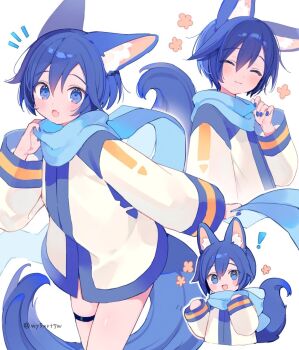 ! 1boy ^_^ animal_ear_fluff animal_ears arms_up belt black_belt blue_hair blue_nails blue_scarf blue_trim blush bottomless closed_eyes closed_mouth coat commentary_request cropped_torso dot_nose double-parted_bangs fingernails hair_between_eyes happy_aura kaito_(vocaloid) kemonomimi_mode long_sleeves male_focus mogu_(wy5xrt7w) multiple_views open_mouth scarf shiny_skin short_hair simple_background sleeves_past_wrists smile tail thigh_belt thigh_strap twitter_username vocaloid white_background