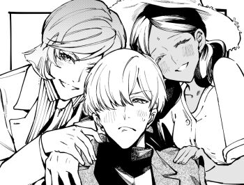 1girl 2boys ^_^ bindi char_aznable closed_eyes closed_mouth collared_shirt double_bun frown garma_zabi greyscale grin gundam gundam_gquuuuuux hair_bun hair_over_one_eye hand_on_another's_shoulder jacket kureno3 lalah_sune lapels leaning_to_the_side looking_at_viewer monochrome multiple_boys notched_lapels parted_bangs shirt short_hair simple_background smile striped_clothes striped_shirt sweat swept_bangs turtleneck upper_body wing_collar