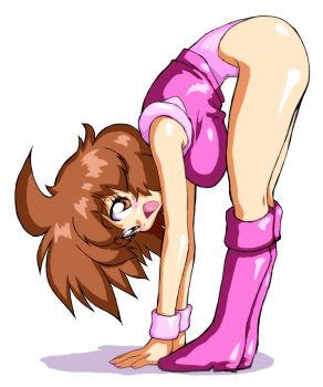 Rule 34 | 1girl, :d, bare arms, blush, boots, breasts, brown eyes, brown hair, commentary request, contortion, crop top, dance dance, flexible, forward fold, from side, frontbend, hair between eyes, highleg, highleg leotard, highres, knee boots, large breasts, leotard, looking at viewer, looking to the side, macla, medium hair, nail polish, open mouth, pink boots, pink leotard, pink nails, pink shirt, remi (dance dance), shiny clothes, shiny skin, shirt, simple background, smile, solo, thighs, white background, wristband