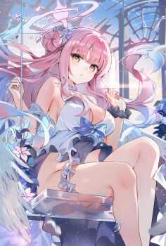1girl bare_shoulders blue_archive breasts cleavage collarbone commentary_request feathered_wings fingernails floating_hair hair_bun halo hands_up highres kita_(kitairoha) large_breasts long_hair looking_at_viewer low_wings mika_(blue_archive) on_swing pink_hair pink_halo signature sitting solo swing thigh_strap very_long_hair water_drop white_wings wings yellow_eyes