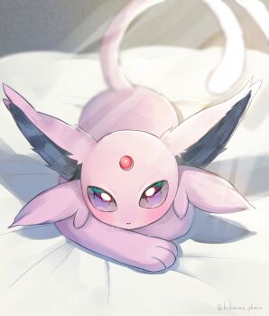 Rule 34 | animal focus, blush, closed mouth, espeon, forehead jewel, forked tail, gem, gen 2 pokemon, highres, hokaimo pkmn, looking at viewer, lying, nintendo, no humans, on stomach, pokemon, pokemon (creature), pokemon focus, purple eyes, purple fur, red eyes, red gem, shadow, simple background, smile, solo, tail
