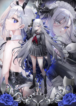 1girl absurdres animal_ears arm_up axe backless_leotard black_dress black_leotard black_sailor_collar black_serafuku black_shirt black_shoes black_skirt blue_eyes blue_flower blue_rose blush border bow breasts broken_glass chain collarbone commentary_request cross-laced_slit detached_collar diamond-shaped_pupils diamond_(shape) dress fake_animal_ears flower frilled_dress frilled_headwear frills from_side glass grey_eyes gun hair_between_eyes hair_bow hair_ornament hair_over_one_eye handgun heterochromia highres holding holding_gun holding_weapon kneehighs knife leotard long_hair long_sleeves looking_at_viewer maid maid_headdress medium_breasts miniskirt multiple_views neckerchief nekometaru parted_lips plaid_clothes plaid_neckerchief playboy_bunny pleated_skirt rabbit_ears red_neckerchief rose sailor_collar school_uniform serafuku shibou_yuugi_de_meshi_wo_kuu. shirt shoes sidelocks skirt sleeve_cuffs sleeves_past_wrists socks standing symbol-shaped_pupils thighs thorns very_long_hair weapon white_hair white_headdress white_wrist_cuffs wrist_cuffs x_hair_ornament yuuki_(shibou_yuugi)