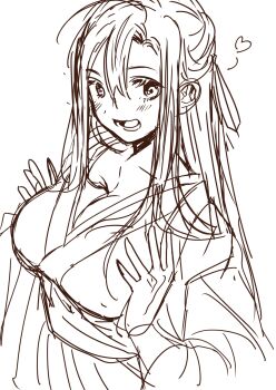 1girl ahoge amana_raika blush breast_lift breasts chinese_clothes cleavage coat commentary_request covered_erect_nipples eyelashes genderswap genderswap_(mtf) greyscale hair_down hair_ribbon half_updo hanfu heart highres large_breasts long_hair looking_at_viewer modao_zushi monochrome official_alternate_costume official_alternate_hairstyle open_clothes open_coat open_mouth ribbon robe sash sidelocks simple_background sketch smile solo upper_body wei_wuxian wei_wuxian_(yiling_laozu) white_background