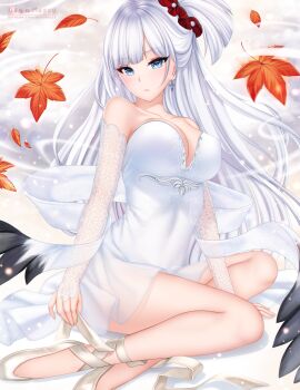 artist_name autumn autumn_leaves azur_lane bare_shoulders black_sash blunt_bangs breasts cleavage commentary detached_sleeves dress earrings footwear_ribbon full_cleavage gigamessy hair_ornament hair_scrunchie highres jewelry large_breasts leaf light_blush light_particles long_hair long_sleeves looking_at_viewer multicolored_sash one_side_up parted_bangs red_scrunchie sash scrunchie see-through_clothes see-through_sleeves shoes shoukaku_(azur_lane) signature sitting strapless strapless_dress very_long_hair white_dress white_hair white_sash white_shoes white_sleeves