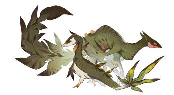 absurdres animal_focus from_side gen_3_pokemon gen_5_pokemon highres leaf monster nintendo no_humans ou331 pokemon pokemon_(creature) profile red_eyes ringed_eyes sceptile simple_background snivy tail white_background yellow_eyes