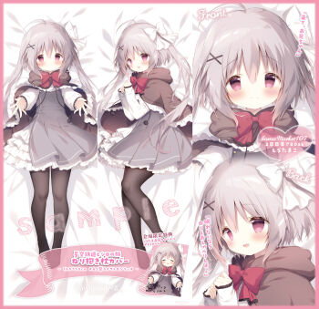 Rule 34 | 1girl, :d, ahoge, bed sheet, blush, bow, brown cloak, brown pantyhose, cloak, closed mouth, commentary, dakimakura (medium), dress, frilled cloak, grey dress, grey hair, hair between eyes, hair bow, hair ornament, hairclip, hands up, highres, hood, hood down, hooded cloak, hoshizora tetsudou to shiro no tabi, long hair, long sleeves, looking at viewer, lying, multiple views, neri (hoshishiro), no shoes, on back, on side, open mouth, pantyhose, pleated dress, puffy long sleeves, puffy sleeves, red bow, red eyes, shiratama (shiratamaco), shirt, sleeves past wrists, smile, symbol-only commentary, twintails, twitter username, very long hair, watermark, white bow, white shirt, x hair ornament