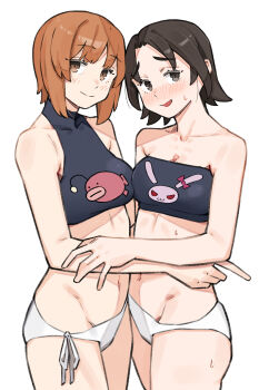 2girls :d absurdres anglerfish bare_shoulders black_eyes black_hair blush breast_press breasts brown_eyes brown_hair cleavage commentary_request fish girls_und_panzer highres medium_breasts multiple_girls nishizumi_miho open_mouth rabbit sattinittas sawa_azusa short_hair simple_background smile sweatdrop symmetrical_docking white_background