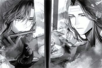 2boys chinese_clothes chinese_commentary closed_mouth commentary_request dizi eyelashes flute greyscale guqin hair_ribbon hanfu headband highres holding holding_flute holding_instrument indoors instrument lan_wangji long_hair long_sleeves looking_at_viewer male_focus mg_ms_dayo modao_zushi monochrome multiple_boys multiple_views music official_art pants parted_lips playing_flute playing_instrument ponytail ribbon robe sash sidelocks sitting smoke third-party_source topknot transverse_flute wangji_guqin wei_wuxian wide_sleeves xiao_guan_(headdress) yaoi