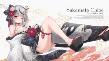 1girl ;) ahoge asa_no_ha_(pattern) bare_shoulders black_bow black_choker black_footwear black_hair blunt_bangs blush bow breasts character_name chest_sarashi choker cleavage closed_mouth collarbone commentary dagger english_text eyelashes eyeshadow flower full_body geta hair_bow hair_bun hair_flower hair_ornament hair_stick highres hololive japanese_clothes kimono knife leaning_back looking_at_viewer makeup medium_breasts medium_hair multicolored_hair nail_polish obi off_shoulder official_alternate_costume one_eye_closed patterned_background platform_clogs platform_footwear platform_sandals red_eyes red_nails sakamata_chloe sakamata_chloe_(new_year) saku39_(skb318) sandals sarashi sash seigaiha side_bun sidelocks silver_hair single_hair_bun single_side_bun sitting smile solo streaked_hair thigh_strap thighs two-tone_hair virtual_youtuber weapon white_background white_kimono