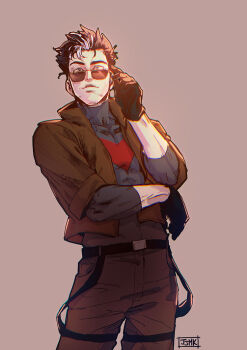 1boy bat_signal batman_(series) batman_symbol black_bodysuit black_gloves black_hair blue_eyes bodysuit brown_jacket dc_comics gloves grey_bodysuit jacket jason_todd jjmk-jjmk male_focus multicolored_bodysuit multicolored_hair muscular muscular_male open_clothes pants red_hood_(dc) red_hood_and_the_outlaws short_hair superhero_costume taut_bodysuit two-tone_bodysuit two-tone_hair