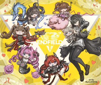 6+girls absurdres angelina_(arknights) animal_ear_fluff animal_ears ardelia_(arknights) arknights arknights:_endfield artist_name black_coat black_hair black_pantyhose blue_eyes bright_pupils brown_eyes brown_hair character_doll chen_qianyu_(arknights) chibi chibi_inset coat commentary_request copyright_name curled_horns demon_horns doll dragon dragon_girl dragon_horns eastern_dragon endministrator_(arknights) female_endministrator_(arknights) fox_ears fox_girl fox_tail gilberta_(arknights) grey_eyes grey_hair hair_intakes highres holding holding_doll hood hood_down hooded_coat horns laevatein_(arknights) little_black_sheep_(arknights) multiple_girls open_clothes open_coat pantyhose perlica_(arknights) pink_eyes pink_hair red_hair sheep sheep_ears sheep_girl surtr_(arknights) tail twintails ymx yvonne_(arknights)