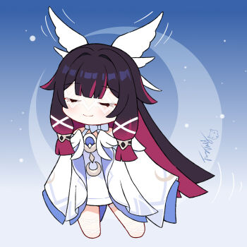 1girl chinese_commentary closed_eyes columbina_(genshin_impact) commentary_request deformed dress eye_mask genshin_impact highres langbazi mask multicolored_hair smile solo variant_set white_dress