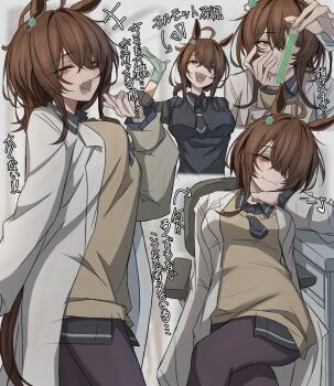 1girl absurdres agnes_tachyon_(tach-nology)_(umamusume) agnes_tachyon_(umamusume) ahoge animal_ears arrow_(symbol) bags_under_eyes black_necktie black_pantyhose black_shirt breasts brown_hair chair chemical_structure closed_mouth coat collared_shirt earrings emphasis_lines gloves grey_gloves half-closed_eyes hem_peeking_out highres holding holding_test_tube horse_ears horse_girl horse_tail huge_ahoge jewelry lab_coat leogust liquid long_hair looking_at_viewer medium_breasts multiple_views musical_note necktie on_chair open_clothes open_coat open_mouth pantyhose red_eyes shirt short_necktie single_earring sitting smile swivel_chair tail test_tube translation_request umamusume wavy_mouth white_coat