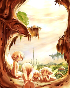 4girls :d ass back blonde_hair blush bridge butt_crack closed_eyes cloud fairy flat_chest floating_island from_behind from_side happy head_rest hill light_rays loli looking_at_another multiple_girls nature no_nose nude open_mouth original outdoors pointy_ears sakaki_(noi-gren) scenery short_hair sitting sky smile sunbeam sunlight tomboy wings