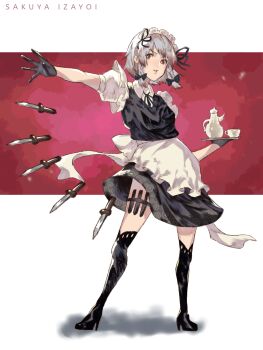 1girl apron back_bow black_boots black_bow black_gloves black_ribbon black_skirt black_thighhighs black_vest boots bow braid character_name collared_shirt commentary_request cup floating floating_object floating_weapon frilled_apron frills full_body gloves grey_hair hair_bow high_heels highres holding holding_tray izayoi_sakuya knife knife_sheath looking_at_viewer maid maid_headdress multiple_weapons neck_ribbon oftooon outstretched_arm partial_commentary print_skirt puffy_short_sleeves puffy_sleeves red_background red_eyes ribbon shadow sheath shirt short_hair short_sleeves sideways_glance simple_background skirt solo standing teacup teapot thigh_strap thighhighs throwing_knife touhou tray twin_braids vest waist_apron weapon weapon_formation weapon_in_garters white_apron white_bow white_shirt