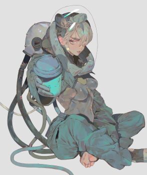 1girl barefoot breasts covered_navel cup full_body highres holding holding_cup indian_style mgong520 original parted_lips short_hair simple_background sitting solo spacesuit tube