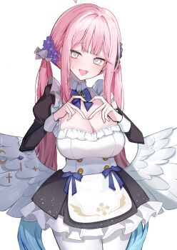 Rule 34 | 1girl, absurdres, apron, black dress, blue archive, blush, breasts, cleavage, commentary request, dress, feathered wings, flower, hair flower, hair ornament, hair scrunchie, halo, highres, large breasts, long hair, long sleeves, looking at viewer, mika (blue archive), nephthys2356, open mouth, pantyhose, pink hair, scrunchie, sidelocks, smile, solo, twintails, waist apron, white apron, white pantyhose, wings, yellow eyes