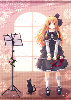 blonde_hair cat dress flower flute hair_ribbon instrument long_hair music_stand original ribbon rose solo window yakka