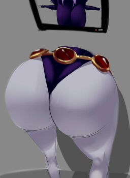 1girl ass dc_comics from_behind head_out_of_frame legs leotard lower_body purple_leotard raven_(dc) stuck teen_titans thong through_wall