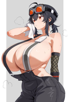 1girl absurdres alternate_breast_size_(larger) annrichan areola_slip black_hair black_overalls border breasts commentary_request goggles goggles_on_head grace_howard grey_background highres huge_breasts naked_overalls overalls ponytail short_hair short_ponytail solo white_border zenless_zone_zero