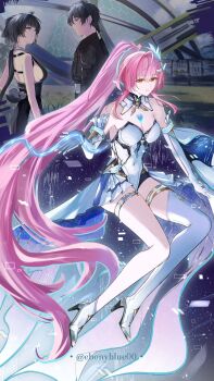 Rule 34 | 1boy, 2girls, absurdres, aemeath (wuthering waves), asymmetrical footwear, bare shoulders, black hair, black jacket, boots, breasts, cleavage, closed mouth, commentary, covered navel, dual persona, ebonyblue00, elbow gloves, english commentary, female rover (wuthering waves), gloves, high heel boots, high heels, highres, jacket, leotard, long hair, looking at viewer, low ponytail, male rover (wuthering waves), medium breasts, multiple girls, pangu terminal (wuthering waves), pink hair, ponytail, rover (wuthering waves), showgirl skirt, single ankle boot, single thigh boot, skirt, smile, split theme, tacet mark (wuthering waves), thigh boots, thighs, twitter username, uneven footwear, very long hair, white boots, white gloves, white leotard, white skirt, wuthering waves, yellow eyes