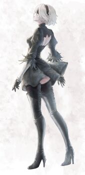 1girl 2b_(nier:automata) absurdres back_cutout black_boots black_dress black_gloves black_hairband black_thighhighs blindfold boots breasts clothing_cutout covered_eyes dress feather_trim from_side full_body gloves hair_between_eyes hairband highres juliet_sleeves long_sleeves medium_breasts mole mole_under_mouth nier:automata nier_(series) open_mouth profile puffy_sleeves short_hair skindentation solo standing thigh_boots thighhighs thighs tomozoo83 turtleneck turtleneck_dress white_hair zettai_ryouiki