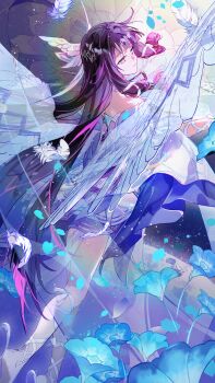 1girl absurdres barefoot blue_flower closed_mouth columbina_(genshin_impact) commentary_request dress eye_mask facing_back falling_feathers falling_petals feathers flower from_behind genshin_impact gradient_hair hair_ornament hair_ribbon head_wings highres long_hair long_sidelocks mask multicolored_hair petals pink_eyes pink_hair purple_hair ribbon sakuramochi1003 sidelocks solo very_long_hair white_dress white_feathers white_ribbon wing_hair_ornament wings