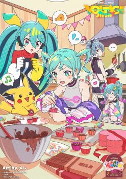 Rule 34 | > <, ..., 4girls, aqua eyes, aqua hair, arm warmers, asymmetrical gloves, bare shoulders, black dress, black shirt, blue eyes, blue hair, blush, boku no namae wa (vocaloid), breasts, chocolate, closed eyes, closed mouth, clothing cutout, collarbone, collared shirt, commentary request, criss-cross suspenders, cropped shirt, cupcake, deco miku, deco miku (darkness), dress, eating, fishnet pantyhose, fishnets, food, gen 1 pokemon, gloves, grey shirt, hair between eyes, hair ornament, hatsune miku, heart, highres, holding, holding whisk, jacket, kitchen, long hair, mele ck, midriff, mismatched gloves, mixing bowl, multicolored hair, multiple girls, musical note, navel, nintendo, official art, open mouth, pantyhose, pikachu, pink hair, pink shorts, pokemon, pokemon (creature), project voltage, red eyes, red thighhighs, second-party source, shirt, shorts, single thighhigh, sleeveless, sleeveless shirt, small breasts, smile, speech bubble, spoken ellipsis, spoken heart, spoken musical note, star (symbol), star hair ornament, suspender shorts, suspenders, thighhighs, twintails, very long hair, vocaloid, whisk, white gloves, white shirt, yellow gloves