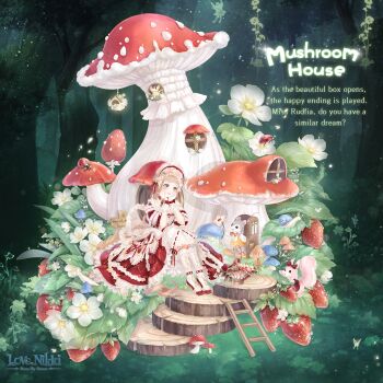 1girl animal anklet artist_request basket bib_collar bloomers blue_flower blue_rose blunt_bangs braid brown_hair character_name clothed_animal copyright_name day dress english_text eyelashes floral_print flower food forest frilled_dress frilled_gloves frilled_hairband frilled_socks frills fruit full_body gloves green_eyes hair_flower hair_ornament hairband hands_on_own_cheeks hands_on_own_face happy highres jewelry kneehighs ladder light_blush light_particles light_rays lolita_fashion lolita_hairband long_hair looking_at_animal low_twin_braids miracle_nikki mushroom mushroom_house_(miracle_nikki) nature nikki_(series) official_art outdoors parted_lips pink_flower pink_rose pleated_dress print_dress puffy_short_sleeves puffy_sleeves red_dress red_hairband red_shoes ribbon-trimmed_bloomers ribbon-trimmed_sleeves ribbon_trim rose shoes short_dress short_sleeves sitting smile socks solo squirrel strawberry studded_anklet tareme teeth tree_stump twin_braids underwear very_long_hair white_bloomers white_flower white_gloves white_socks yellow_flower yellow_rose