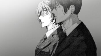 1boy 1girl black_hair black_jacket black_necktie blurry blurry_foreground breasts chainsaw_man collared_shirt crying earrings eyepatch grey_background greyscale hair_between_eyes hayakawa_aki highres himeno_(chainsaw_man) jacket jewelry looking_at_another medium_breasts monochrome mulsu_ww necktie parted_lips shirt short_hair suit_jacket tears upper_body white_shirt