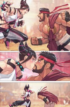 1boy 1girl absurdres accidental_kiss apologizing artist_name back bandana beard black_hair blurry blurry_background blush bracelet breasts cape cirenk collar embarrassed facial_hair feet fighting fingerless_gloves gloves hair_horns han_juri highres jewelry kiss large_breasts looking_at_another pants ryu_(street_fighter) spiked_bracelet spiked_collar spiked_necklace spikes street_fighter street_fighter_6