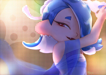 1girl blue_hair blue_shawl chest_sarashi commentary_request earrings eyelashes fang folding_fan hair_over_one_eye hairband hand_fan holding holding_fan inkling inkling_girl inkling_player_character jewelry long_hair looking_at_viewer multiple_earrings nintendo red_eyes sarashi shawl shiver_(deep_cut_outfit)_(splatoon) shiver_(splatoon) short_eyebrows solo somakusha splatoon_(series) splatoon_3 standing tentacle_hair thick_eyebrows tooth_earrings upper_body white_hairband