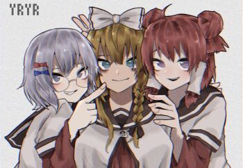 3girls ahoge akaza_akari black_sailor_collar blonde_hair blue_bow blue_eyes bow braid closed_mouth commentary_request cookie_(touhou) double_bun fingernails frilled_hair_tubes frills glasses grin hair_bow hair_bun hair_tubes kirisame_marisa long_hair looking_at_viewer mars_(cookie) multiple_girls multiple_hair_bows nanamori_school_uniform open_mouth patchouli_knowledge purple_eyes purple_hair red_bow red_hair red_shirt sailor_collar school_uniform seiga serafuku shiro_(cookie) shirt shishima_(a_a) short_hair side_braid single_braid smile static taisa_(cookie) touhou upper_body white_bow yuruyuri